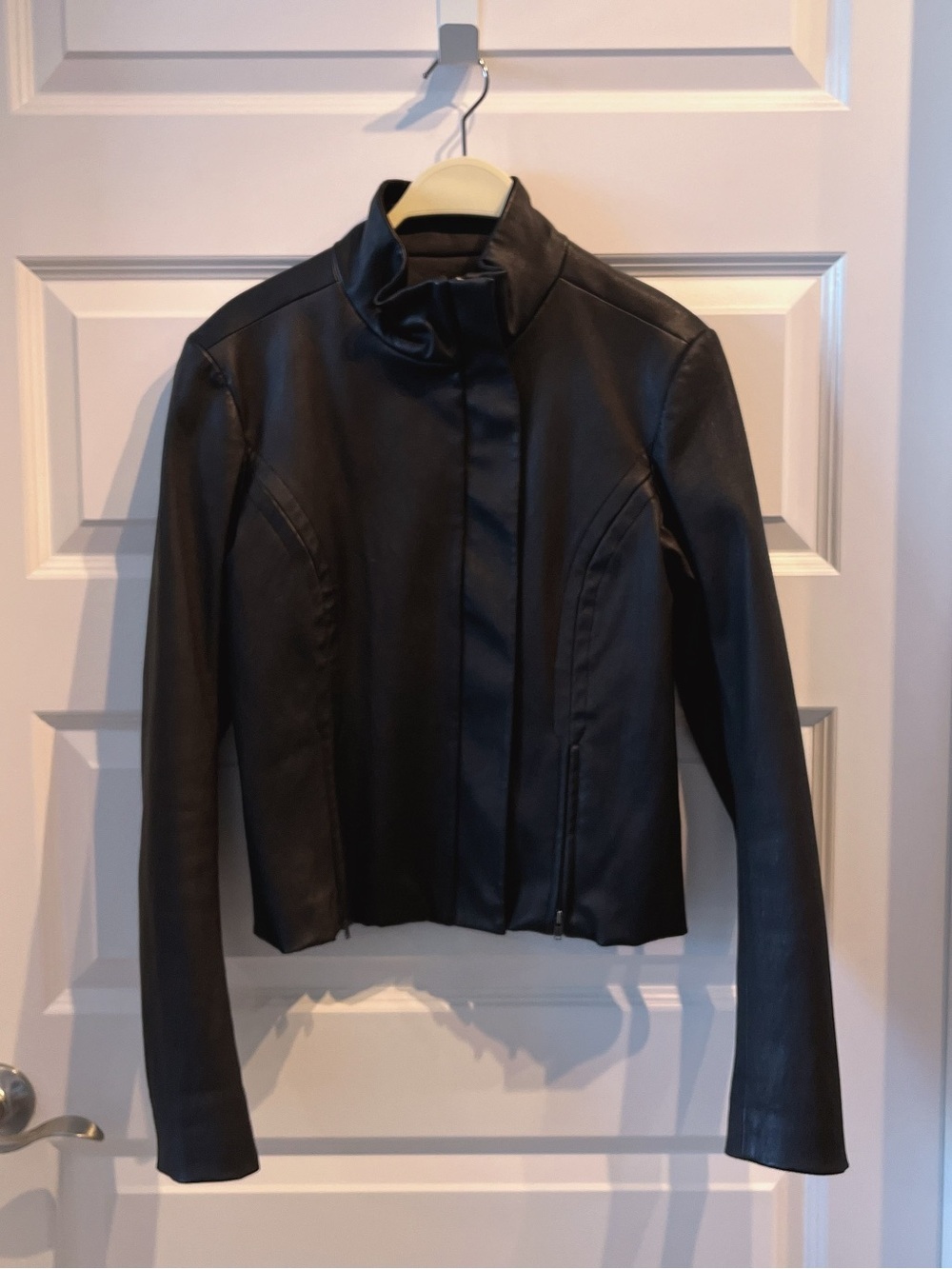 Theory Black Stand Collar Funnel Neck 100% Real Genuine Lamb Leather Jacket